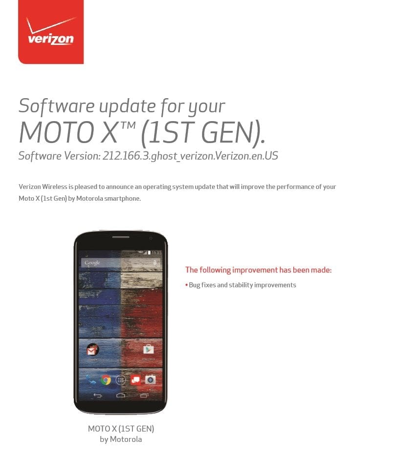 Verizon Moto X 1st Gen. receiving an OTA update today (212.166.3), but it’s not Lollipop