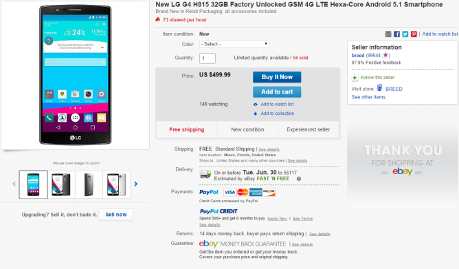 LG G4 Unlocked Variant (H815) listed on eBay for $500