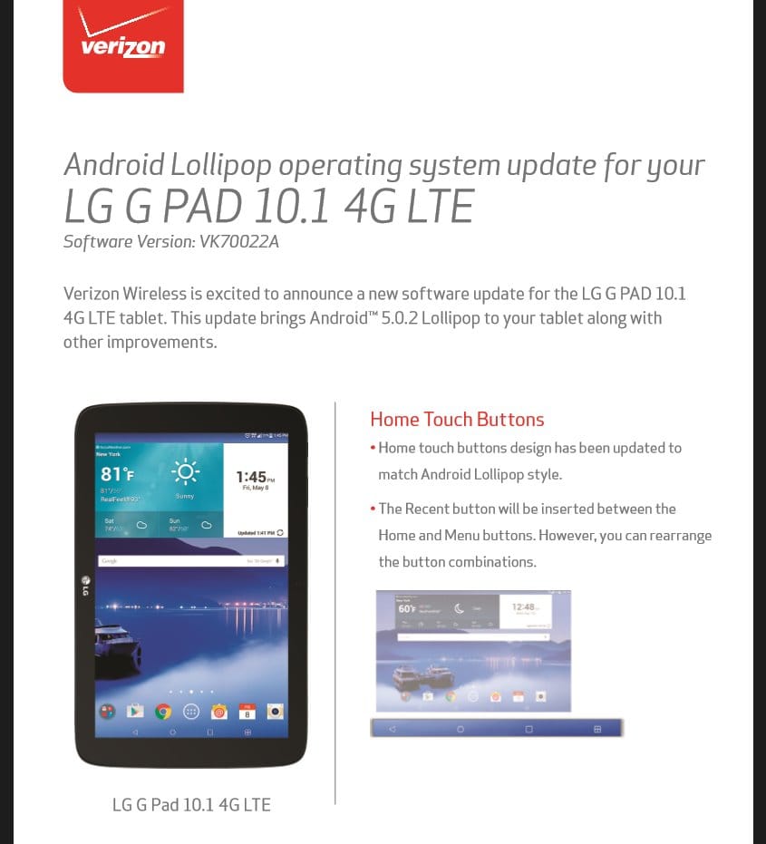 Verizon LG G Pad 10.1 LTE receiving Android 5.0.2 Lollipop OTA update, software version VK70022A