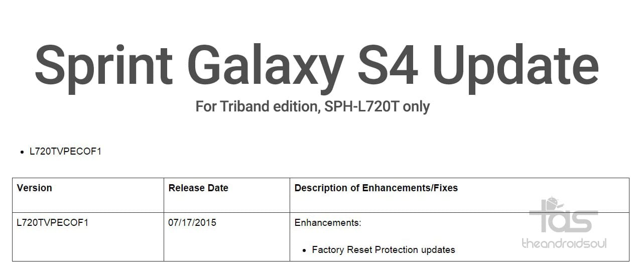 L720TVPECOF1: Sprint Galaxy S4 Triband edition gets new update, includes Factory Reset protection