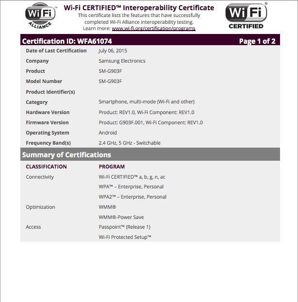 Samsung SM-G903F receives Wi-Fi certification, likely to be the Galaxy S5 Neo