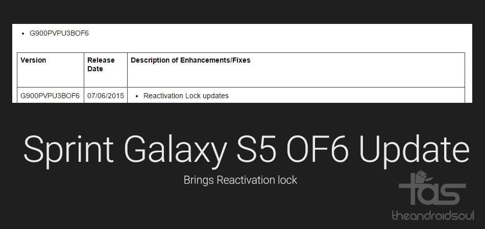 Sprint Galaxy S5 gets a new OF6 Update, brings reactivation lock to the device