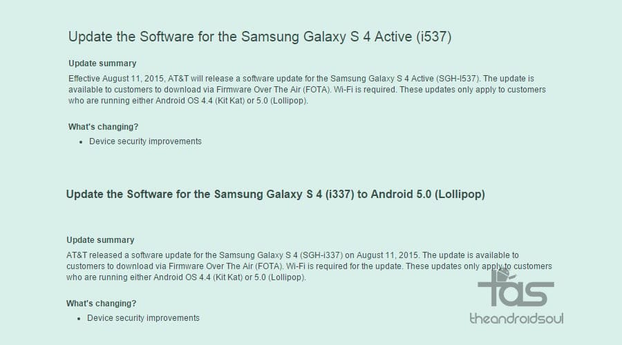 AT&T Galaxy S4 and S4 Active receive updates to fix Stagefright bug, build no. I337UCUGOC4 and I537UCUCOC7 respectively