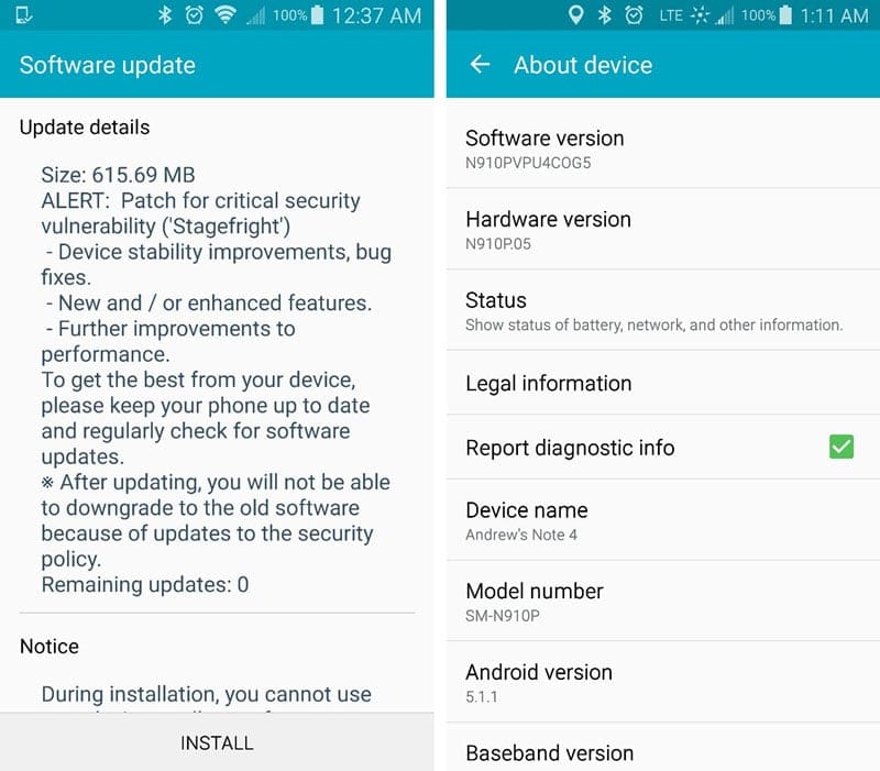 Sprint Galaxy Note 4 gets Android 5.1.1 update in N910PVPU4COG5 build, also patches Stagefright vulnerability