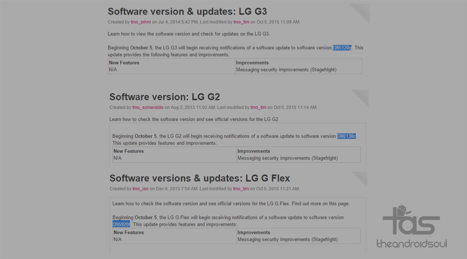 T-Mobile pushes new update for LG G3 (D85120g), LG G Flex (D95920t) and LG G2 (D80130c)