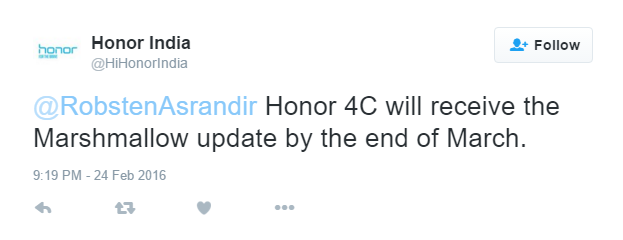 Honor 4C Marshmallow update release set for March end