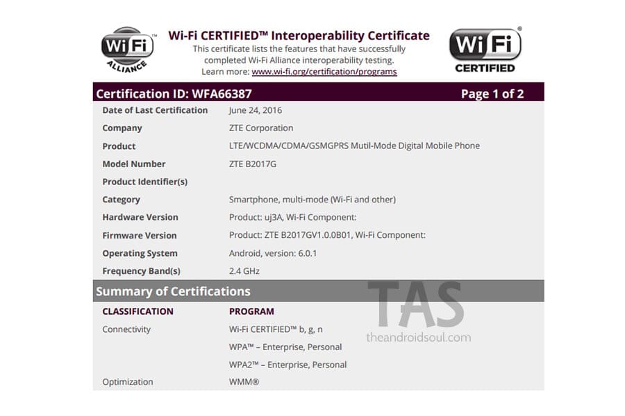 ZTE B2017 is now Wi-Fi certified, may launch soon