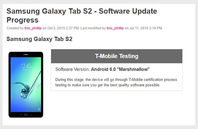 Android Marshmallow update for T-Mobile Tab S2 enters testing phase