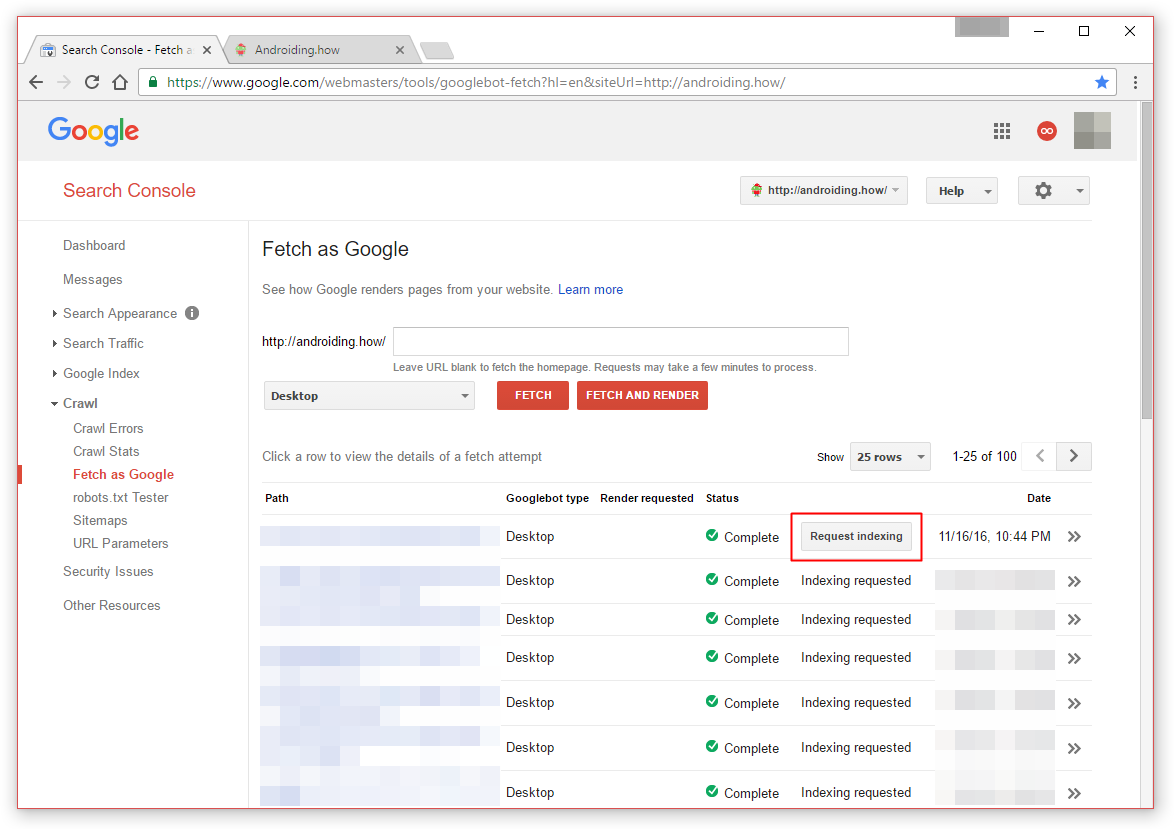 Google’s “Fetch as Google” tool now shows Request Indexing button, and a notice for quality guideline