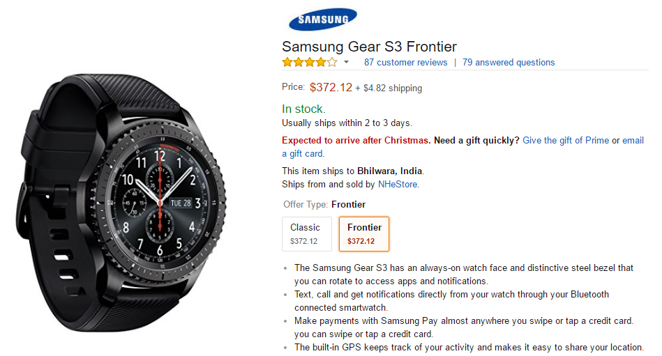 Samsung Gear S3 gets back in stock at Amazon, priced $372.12