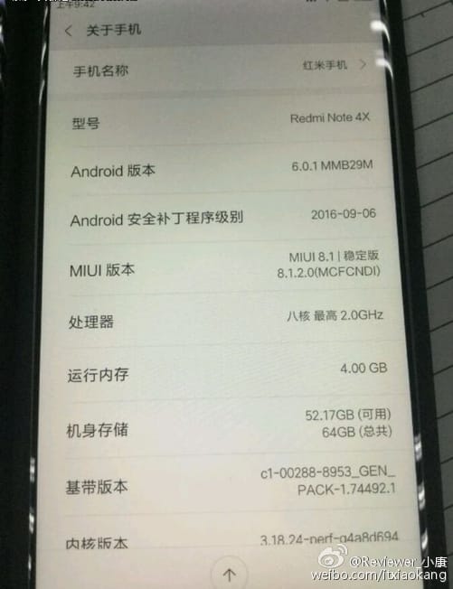 Xiaomi Redmi Note 4X specs leak in an image, features 4GB RAM and MIUI 8.1