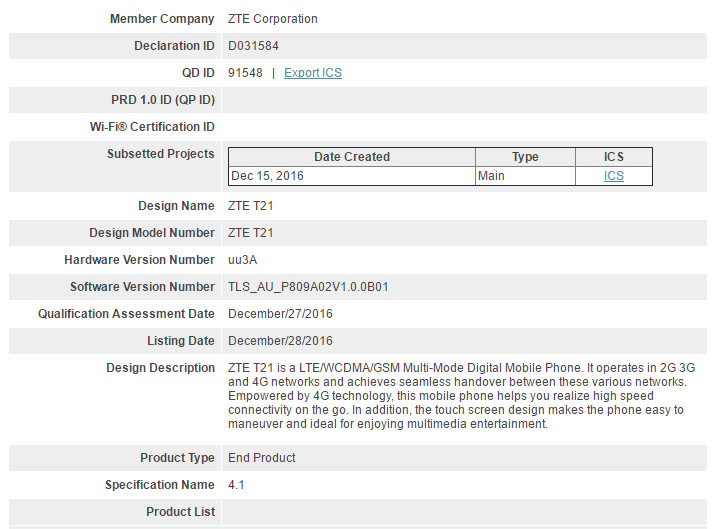 ZTE T21 gets a Certification from Bluetooth SIG