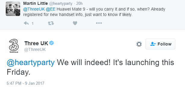 Huawei Mate 9 to release at 3 UK on January 13, Friday