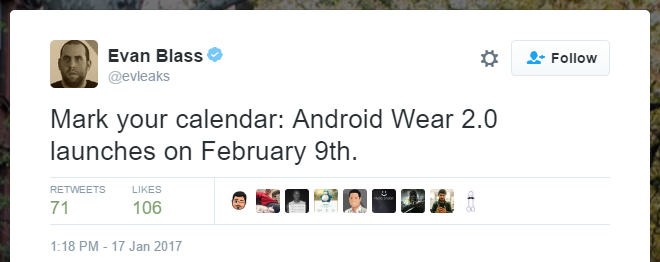 Android Wear 2.0 update to release on February 9?