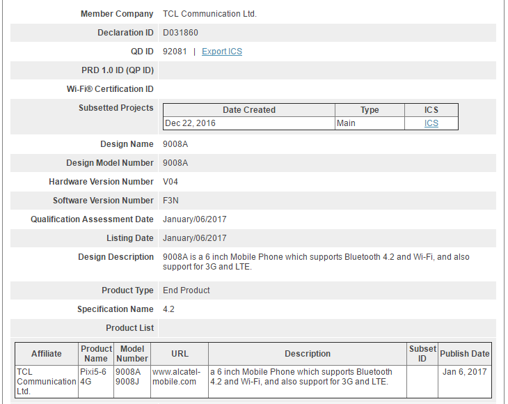 Alcatel Pixi 5 (6) shows up for Bluetooth certification