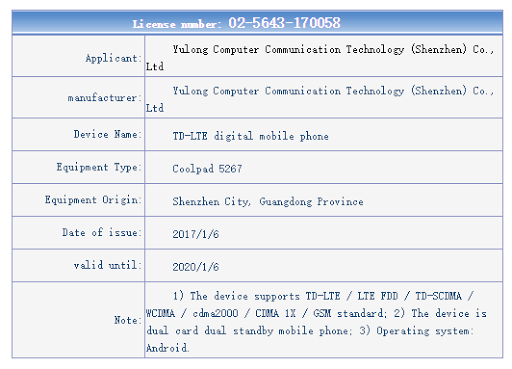 Coolpad 5267 spotted on TENAA