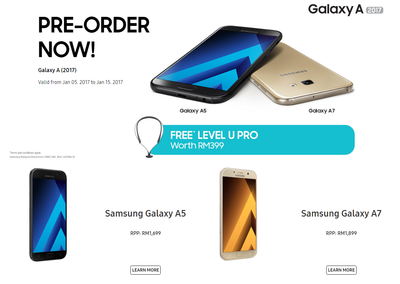 Galaxy A5 and A7 2017 Pre-order Deal in Malaysia gets you free Level U Pro Bluetooth headset