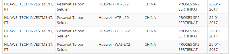 Huawei TRT-LX2, VTR-L29, CRO-L22 and WAS-LX2 spotted on POSTEL