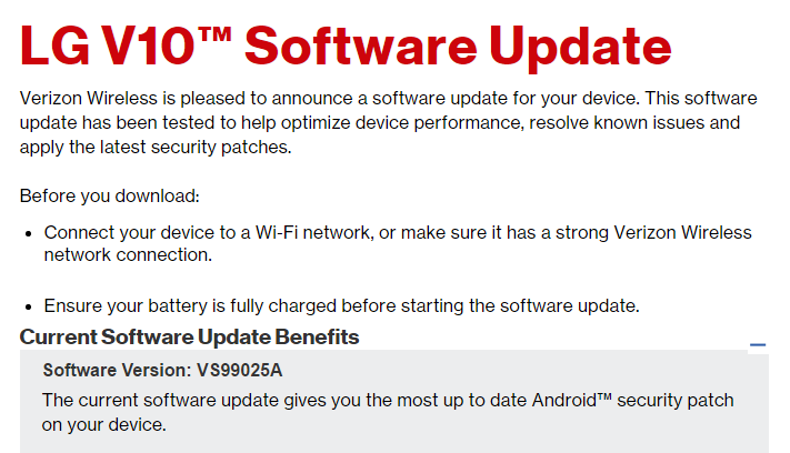 Verizon LG V10 and LG G3 also gets security update, build numbers VS99025A and VS9854AA
