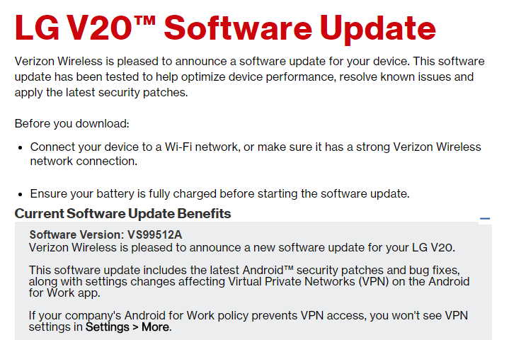 Verizon LG V20 OTA update rolling out with January security patch and bug fixes, build VS99512A