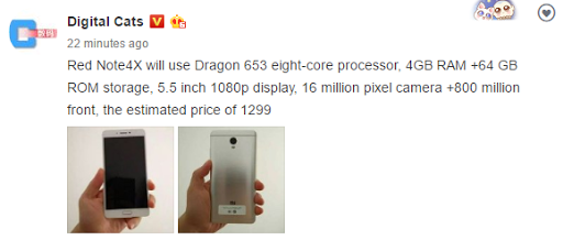 Redmi Note 4X Specs leak again, to be priced 1299 Yuan