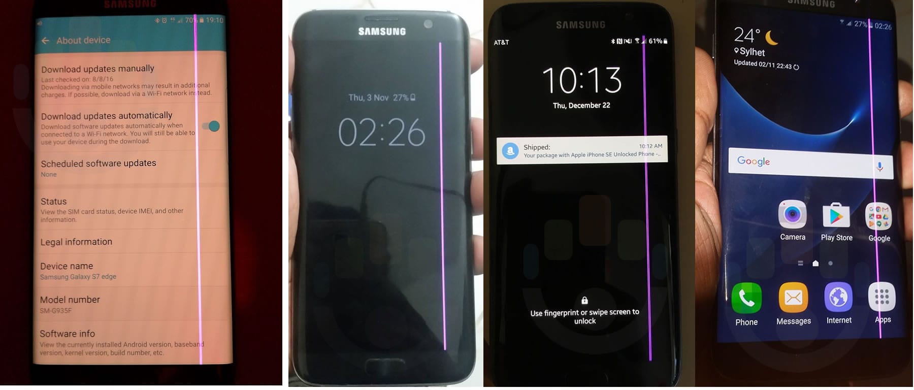 Faulty Galaxy S7 Edge displays showing a vertical pink line for many users