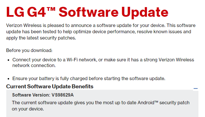 Verizon LG G4 OTA update rolling out with January security patch, build VS98629A
