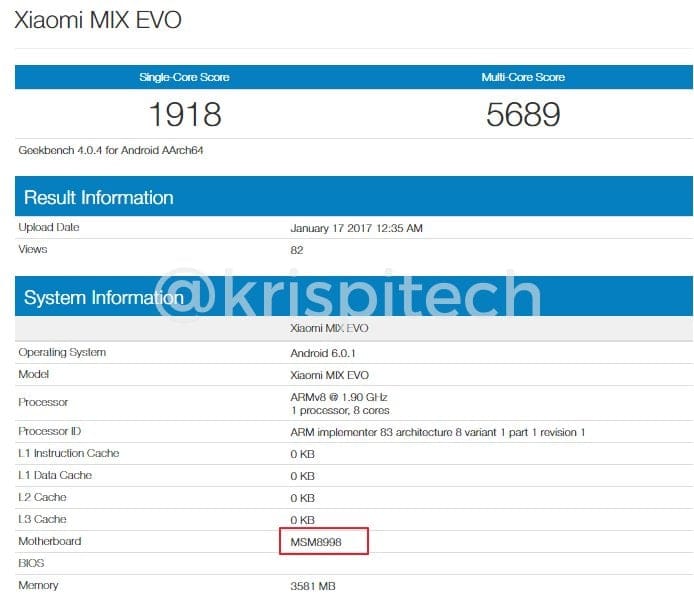 Xiaomi Mix EVO specs leaked via Geekbench, features SD 835