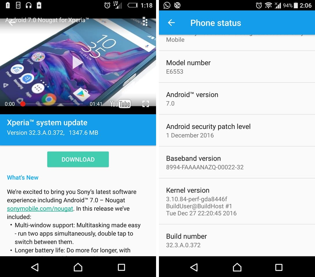 Sony Xperia Z3+ Android 7.0 Nougat update rolling out, build 32.3.A.0.372