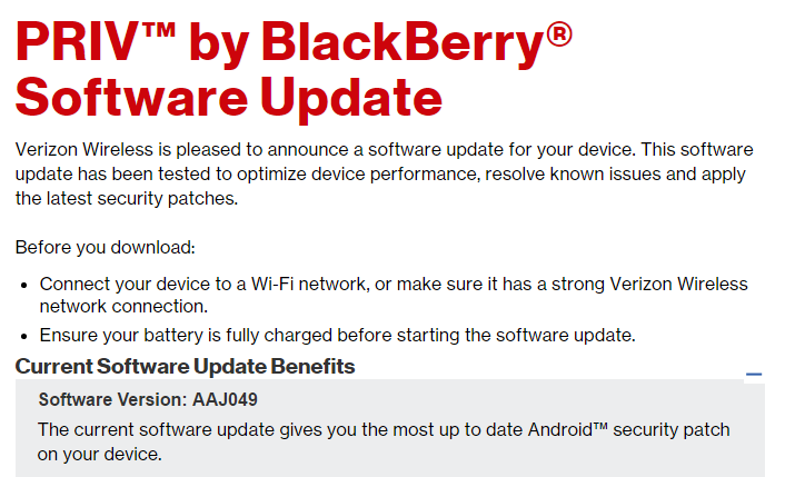 Verizon BlackBerry Priv receives January Security update, build AAJ049