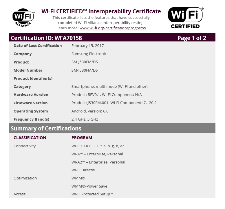 Samsung Galaxy J5 2017 (SM-J530FM) certified by WiFi Alliance