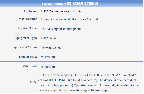 HTC U-1w shows up on Tenaa