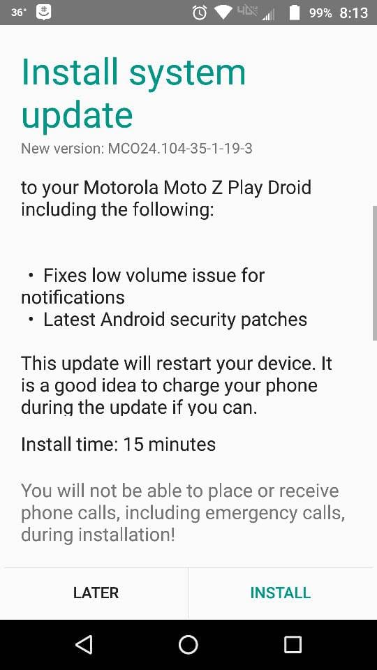 Verizon Moto Z Play Droid receiving a minor update with bug fixes and January security patch, build mc024.104-35-1-19-3