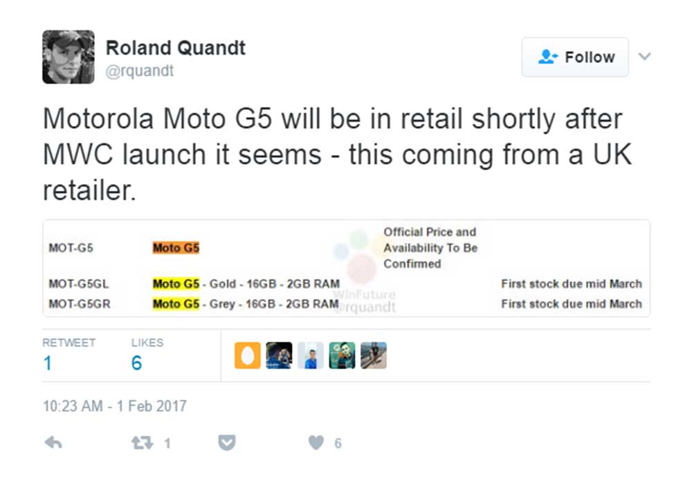 Moto G5 to be in stores shortly after launch at MWC