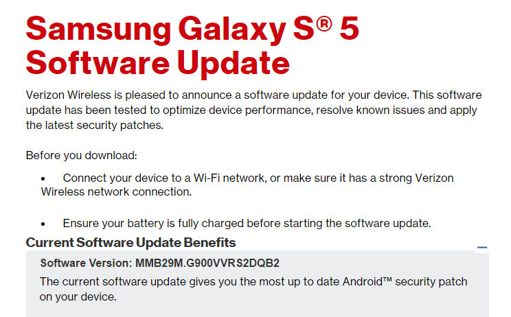 Verizon Galaxy S5 OTA update rolling out with February security patch, build G900VVRS2DQB2