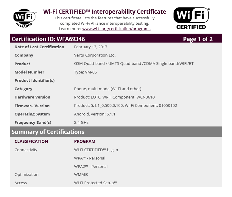 New Vertu phone (VM-06) certified by WiFi Alliance, runs on Android 5.1.1 Lollipop