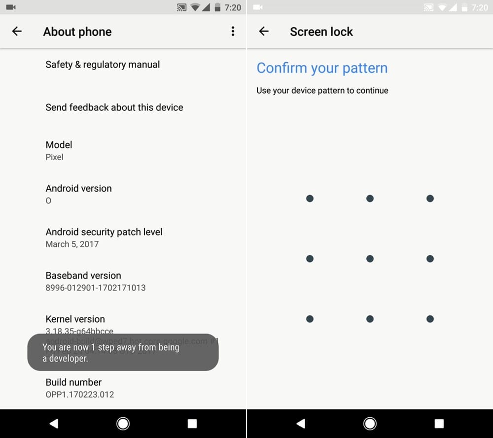 Enabling Developer option on Android O requires your screen unlock password if you have set one