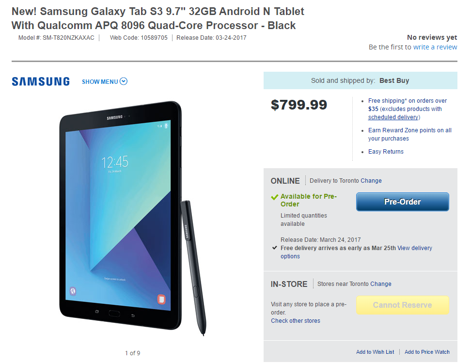 Galaxy Tab S3 price set at $799 in Canada, pre-order begins at Best Buy