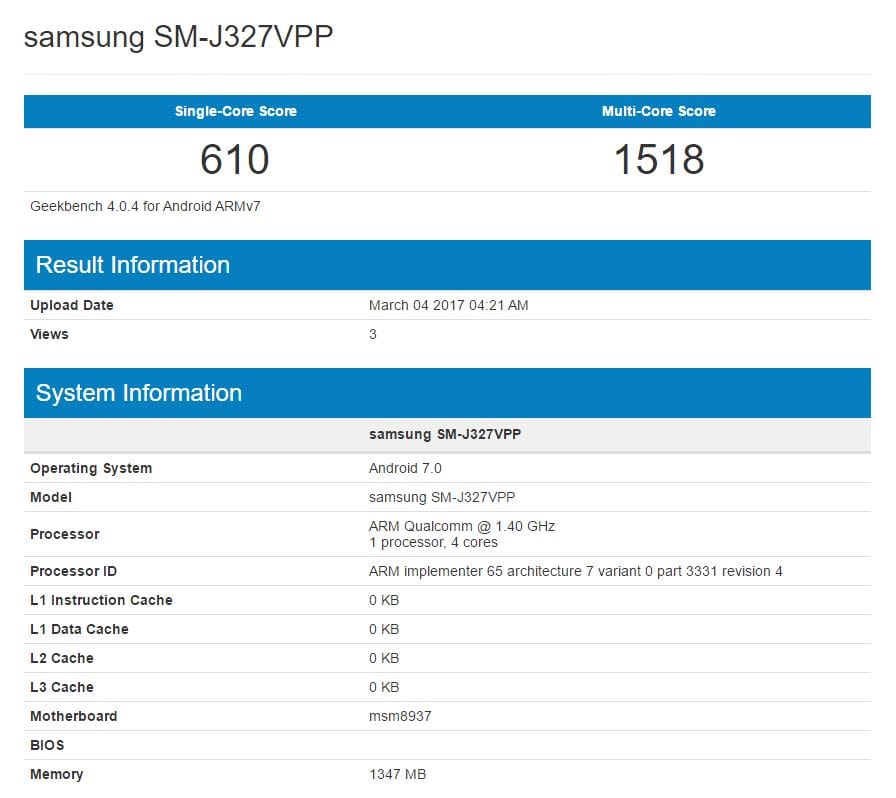 Galaxy J3 2017 to sport Snapdragon 430 processor, Geekbench listing says so