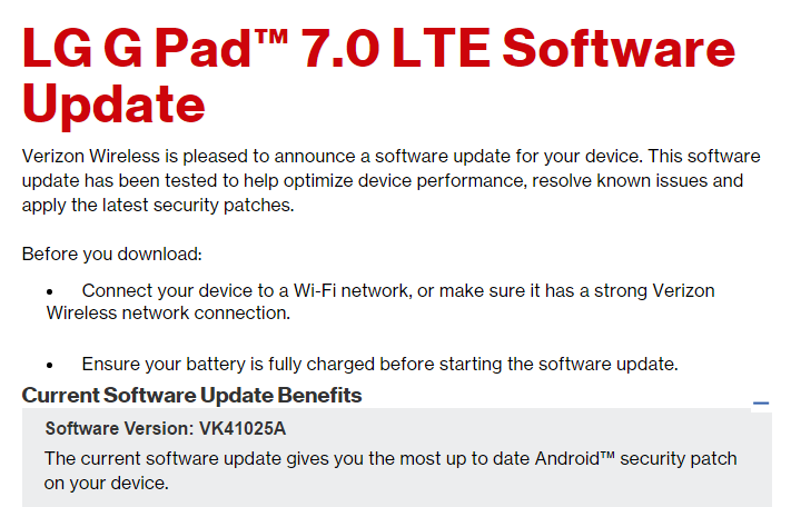 Verizon LG G Pad 7.0 LTE receives February security patch, build VK41025A