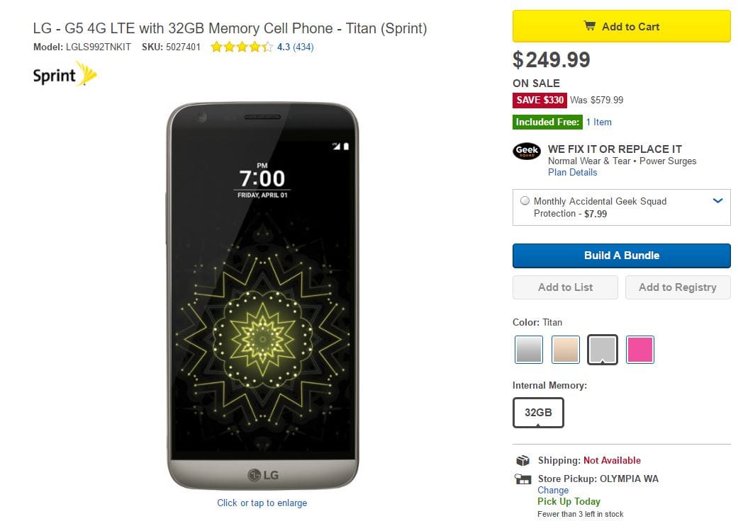 LG G5 Deal: Sprint variant available on Best Buy for $250, around $330 off regular price