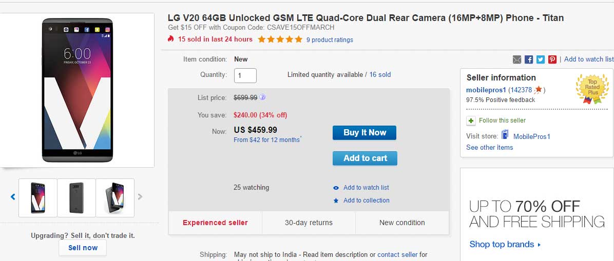 Deal: T-Mobile LG V20 available for $460 on eBay, $240 off the regular price