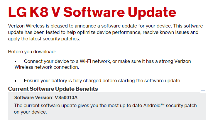 Verizon LG K8 V update rolling out with February security patch