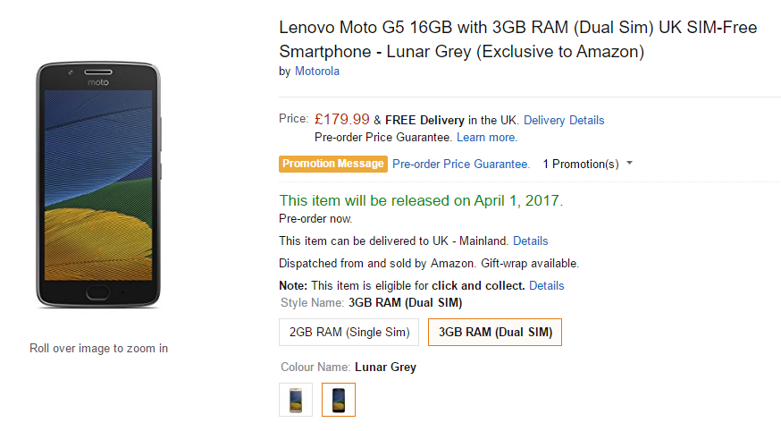 Moto G5 price set at £179.99, goes on pre-order at Amazon UK