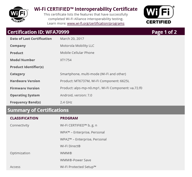 Did Moto X 2017 or Moto C just clear Wi-Fi Alliance as XT1750 or XT1754?