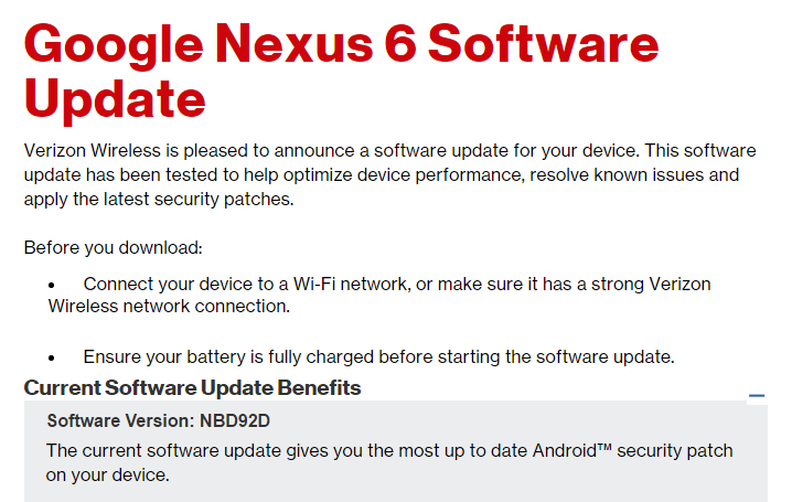 Verizon Nexus 6 OTA update with March security patch rolling out, build NBD92D