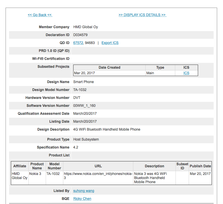 Nokia 3 clears Bluetooth SIG as TA-1032