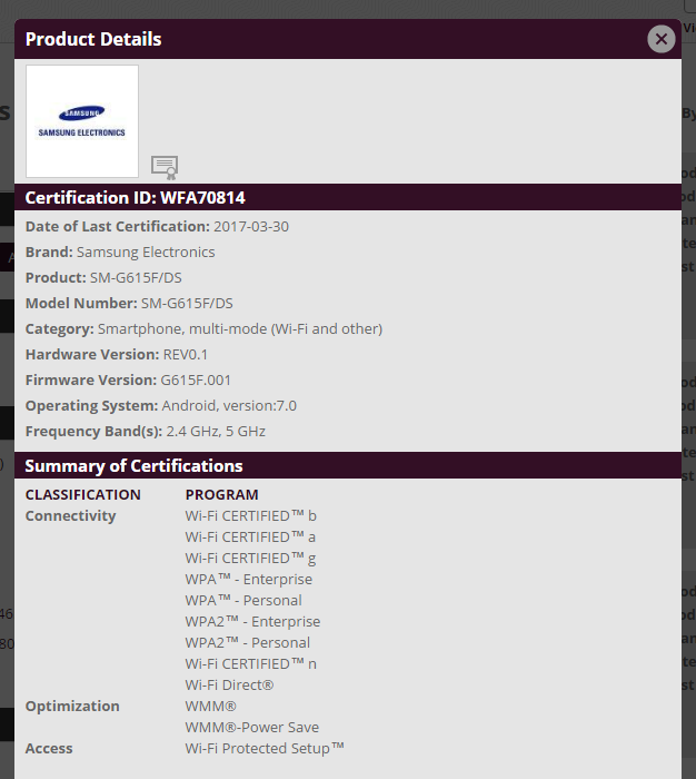 Galaxy On7 Pro 2017 release date nears, certified by WiFi Alliance