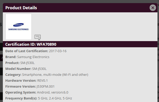 Samsung Galaxy J5 2017 Korean variants also certified by Wi-Fi Alliance