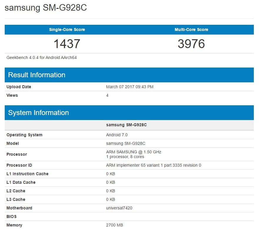 Samsung Galaxy S6 Edge Plus Nougat update shows up on Geekbench